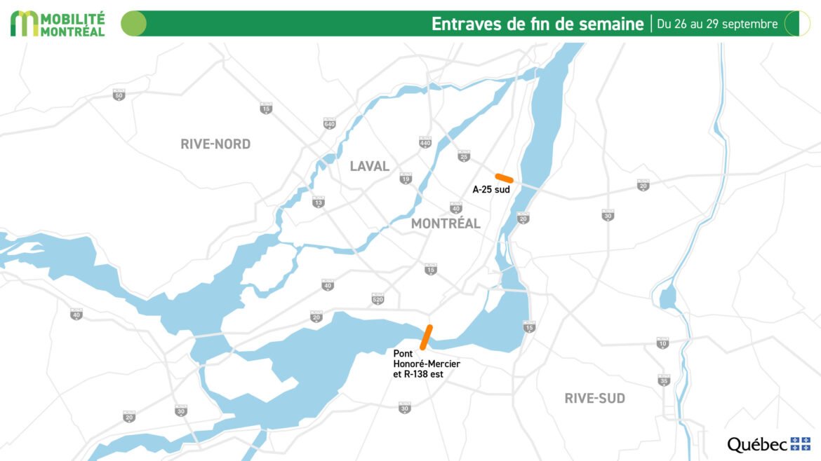 Pont Mercier fermé et multiples entraves une fin de semaine difficile sur les routes Pont Mercier fermé et multiples entraves sur les routes ce week-end. Mobilité Montréal recommande de planifier ses déplacements du 26 au 29 septembre.